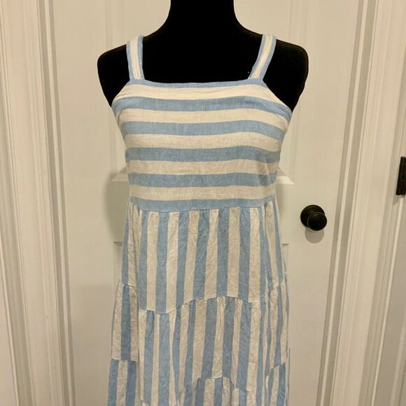 Casa Cabana Blue White Cabana Stripe Linen Blend Smocked Midi Sundress Small - Picture 4 of 12